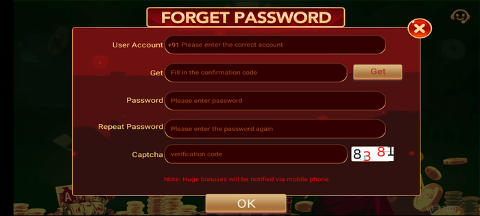 Password reset interface in Rummy Home